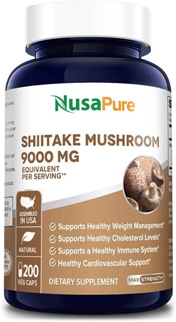 Shiitake Mushroom 9000 mg - 200 cápsulas vegetais (100% vegetarianas e sem glúten) - Nusa Pure