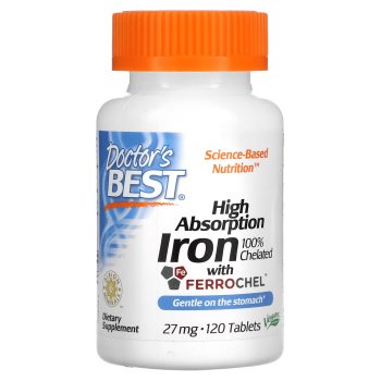Ferro de alta absorção com Ferrochel, Doctor's Best, 27 mg, 120 comprimidos
