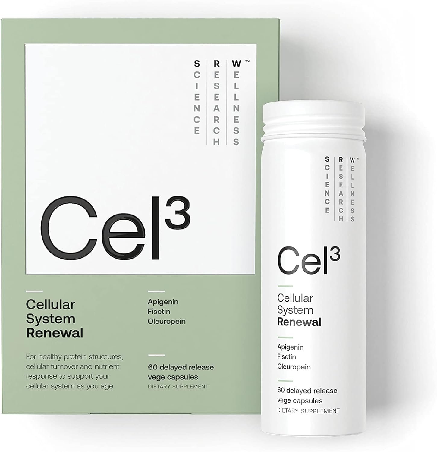 Cel³ Renewal 60 Cápsulas | Suplemento de células-tronco com Fisetina, Apigenina e Oleuropeína | para Função e Renovação Celular Juvenil, Envelhecimento Saudável