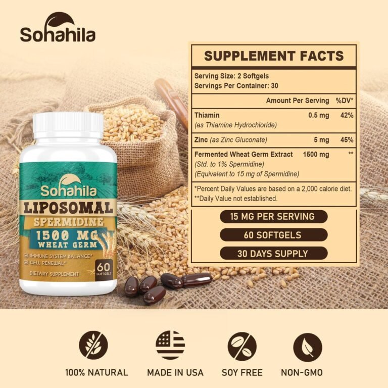 Suplemento de Espermidina Lipossomal 15 MG - 99% de Pureza | Alta Absorção | 1500 MG de Extrato de Gérmen de Trigo Fermentado com Zinco e Tiamina | 60 Cápsulas gels - Imagem 6
