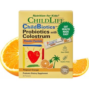 Probióticos com colostro, pó probiótico para crianças, suporte imunológico e digestivo, totalmente natural, CHILDLIFE ESSENTIALS, ChildBiotics, sabor laranja tropical, 30 pacotes