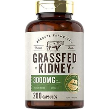 Suplemento de rim bovino - Livre de hormônios e pesticidas, sem OGM, Sem Glúten - Herbage Farmstead, 3000mg - 200 cápsul