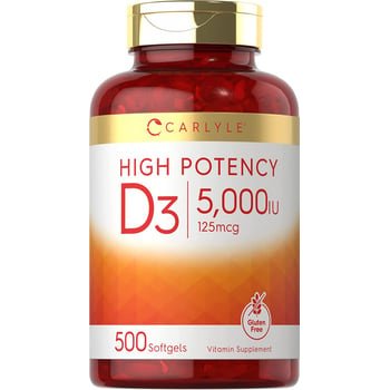 Vitamina D3 5000 IU - Nutriente da luz solar em cápsulas, sem OGM e sem glúten - Carlyle, 125 mcg - 500 cápsulas