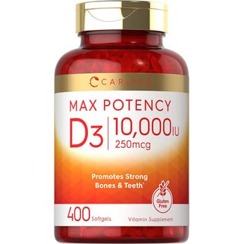 Vitamina D 10000 IU 400 - Promove ossos e dentes fortes, sem OGM, sem glúten - Carlyle - 400 cápsulas