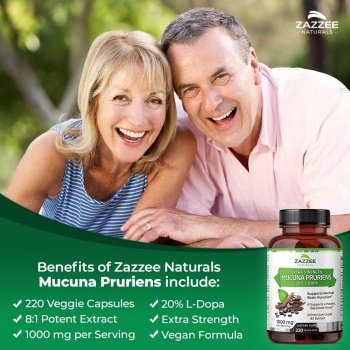 Mucuna Pruriens Extra Forte 20% L-Dopa Extract 8:1, 110 Dias de Suprimento, Zazzee, 1000mg, 220 Cápsulas - Imagem 2