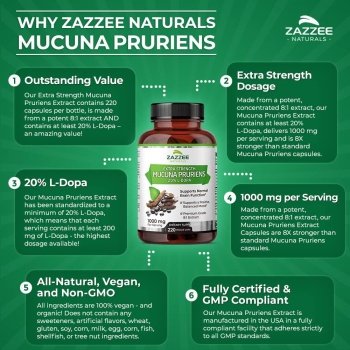 Mucuna Pruriens Extra Forte 20% L-Dopa Extract 8:1, 110 Dias de Suprimento, Zazzee, 1000mg, 220 Cápsulas - Imagem 5