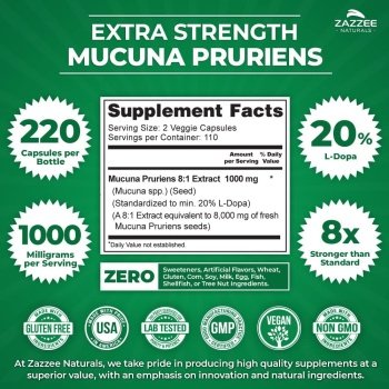 Mucuna Pruriens Extra Forte 20% L-Dopa Extract 8:1, 110 Dias de Suprimento, Zazzee, 1000mg, 220 Cápsulas - Imagem 7