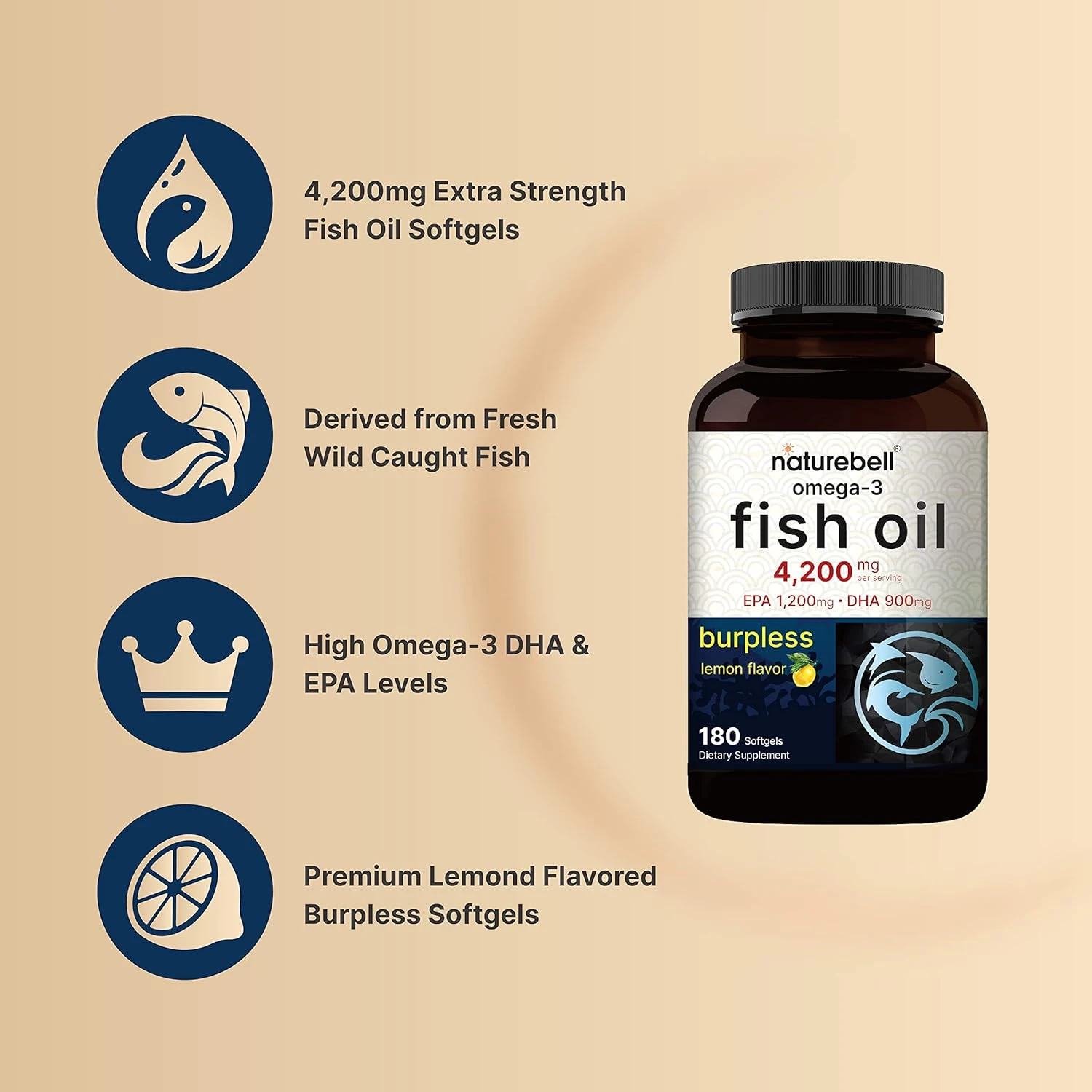 Omega 3, Óleo de peixe 4.200 mg, EPA altamente purificado 1.200 mg e DHA 900 mg, Naturebell, 180 capsulas - Imagem 2