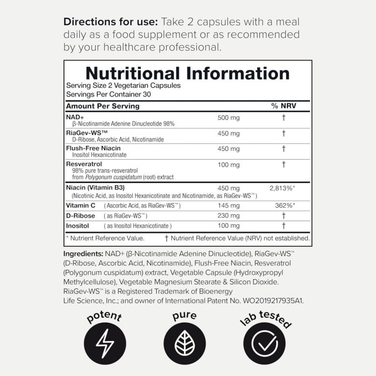 Suplemento NAD+ de ultra-alta resistência de 1500 mg - Ingredientes clinicamente comprovados e testados por terceiros com RiaGev-WS™ patenteado, resveratrol e niacina - 60 cápsulas - Imagem 4